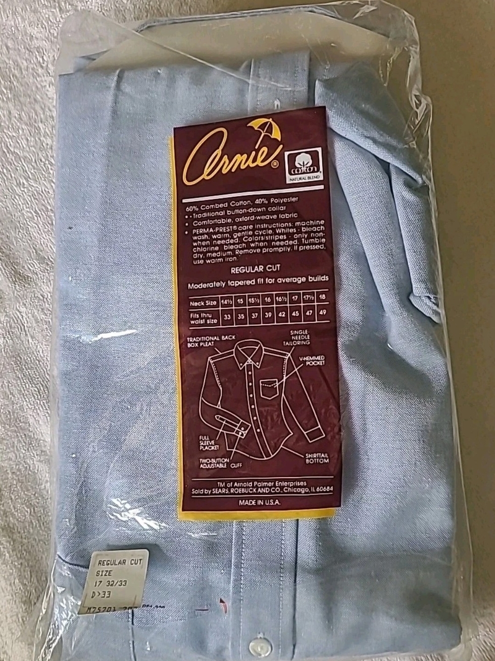 Arnie Men's Light Blue Button-Down Dress Shirt Size 17 32/33 NWT - Picture 9 of 11